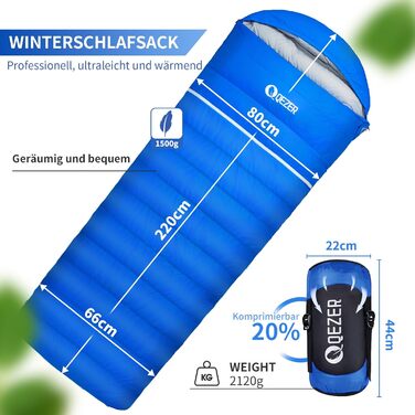 Спальний мішок Daunenschlafsack: 4-сезонний, зимовий, -3°C до -20°C. Підходить для кемпінгу, піших прогулянок та відпочинку на природі. Для дорослих та дітей. Чорний, -3°C до -12°C. Синій, -8°C до -18°C