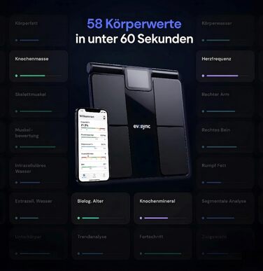 Розумні ваги для аналізу складу тіла Körperanalyse-Waage: 58 показників, 8 електродів, Bluetooth, додаток без підписки, мультикористувач, звітність