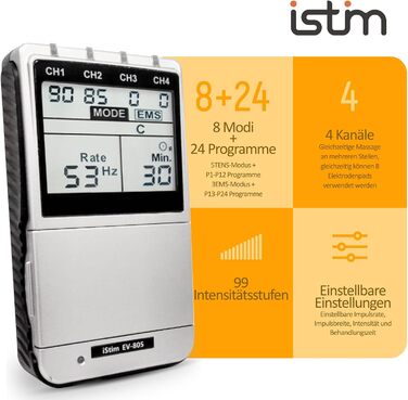 iStim EV-805 TENS EMS: 4-канальний апарат для електростимуляції та масажу - зняття болю в спині, шиї, плечах, ногах. Комплект з 16 електродів та батарейками AA