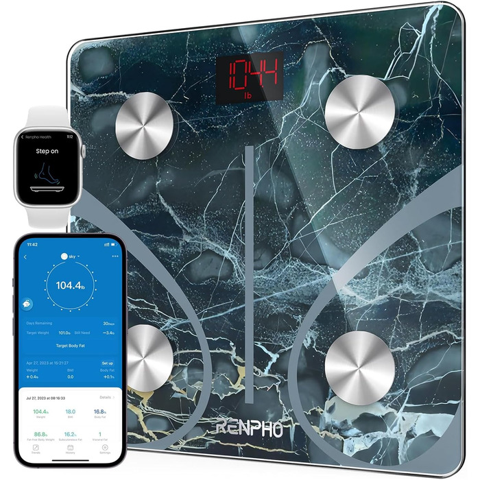 Цифрова ваги RENPHO для визначення жиру, BMI, м'язової маси, білка, BMR, з Bluetooth, додатком, мармурова поверхня, Elis 1, 280 мм