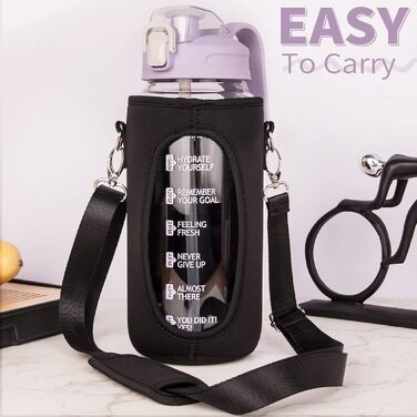 Скляна пляшка для води DEARRAY 1,5 л з трубочкою і часовою розміткою, мотиваційна, без BPA, герметична, з кришкою та силіконовим чохлом, прозора карафа 1500 мл, світло-фіолетова
