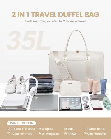 Сумка-мішок LOVEVOOK для жінок, дорожня сумочка-вікендер з відділенням для взуття та мокрих речей, 2 шт. у наборі, велика спортивна сумка, ручна поклажа для подорожей літаком, фітнесу, йоги, бежева, L (35 л)