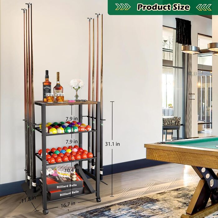 Стійка для київ (8 шт.) з органайзером для аксесуарів для більярду – зберігання для київ, куль, та обладнання. Міцна підставка для більярдного столу вдома або в барі