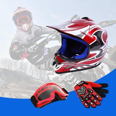Шолом Samger DOT для дітей та підлітків, Motocross, Off Road, Dirt Bike, ATV, мотоциклетний, комплект з рукавичками та окулярами (L, Червоний)
