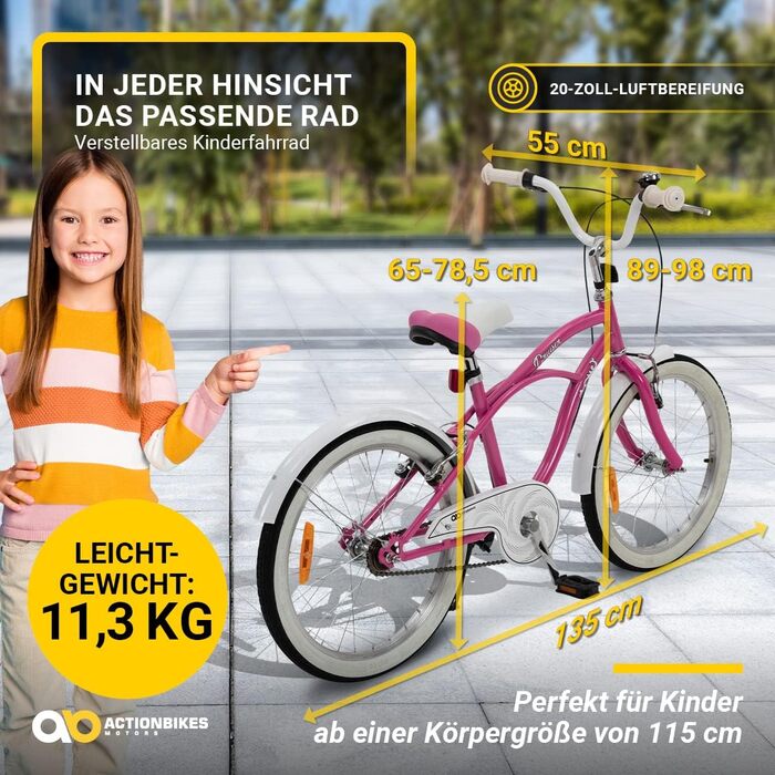 Дитячий велосипед Actionbikes Cruiser 20 дюймів з крилами, дзвіночком і відбивачами, для хлопчиків і дівчаток 6-9 років