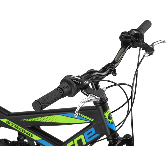 Гірський велосипед Licorne Bike PREMIUM Strong V 24 дюйми, 21 швидкість, повна амортизація, чорний/синій/лайм, для хлопців, дівчат, жінок і чоловіків