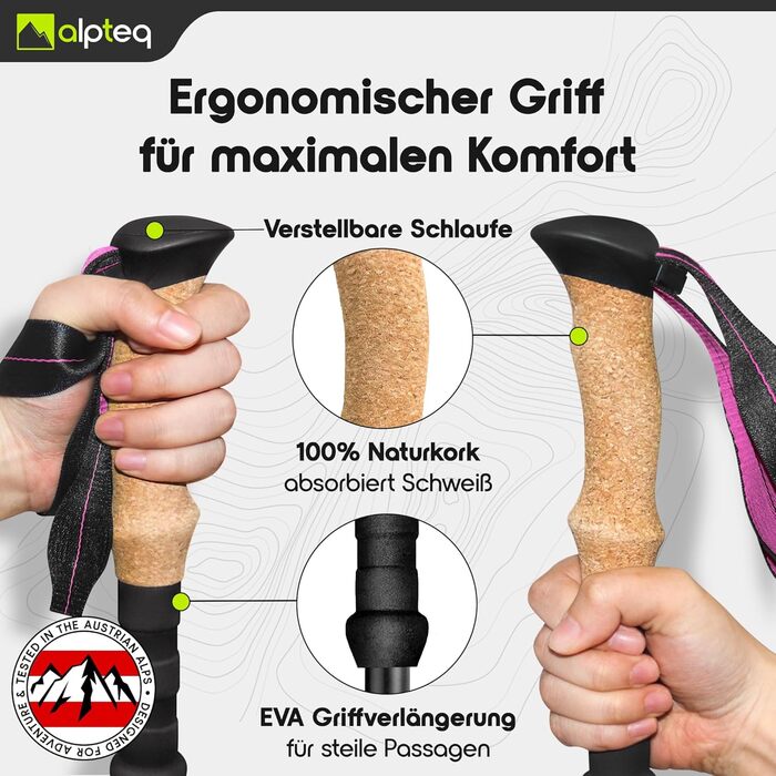 Тrekking-стійки для ходьби та гірських прогулянок: карбонові та алюмінієві, з ручками з корку | Дамські та чоловічі | Телескопічні, регульовані (алюміній 100-120 см, рожевий)