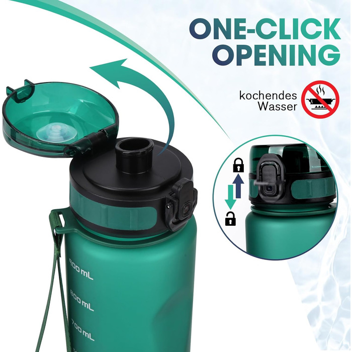 Спортивна пляшка для води 1л, витокозахисна, без BPA, з мірною шкалою, смарагдово-зелена