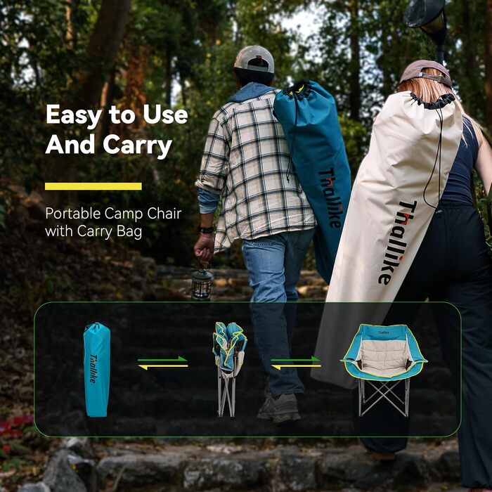 Великий складаний стілець для кемпінгу Thallike, XL, з підлокотниками, для дорослих, блакитний