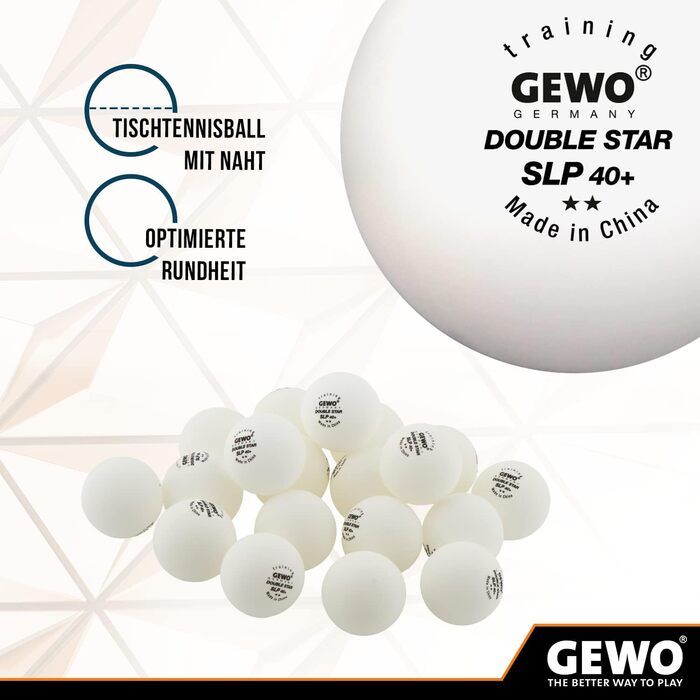 GEWO Double Star SLP тенісні м’ячі для настільного тенісу 2 зірки, пластикові 40+ мм, безшовні, професійні тренувальні, 72 шт., білі