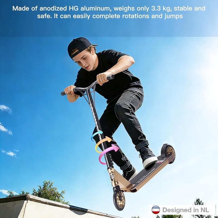 SUOTU Станкер для трюків, професійний, 360° кермування, роликовий скейтборд з колесами 110 мм 85A PU, для дітей, підлітків та дорослих, вантажопідйомність 100 кг, алюміній (чорний – білий золотий)