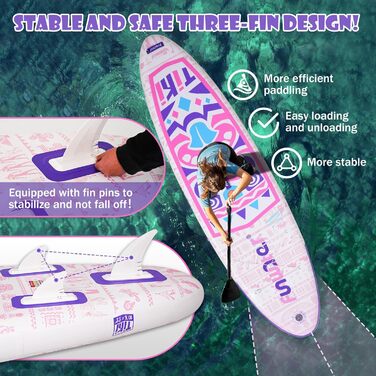 Надувний SUP Борд FunWater 10'6'-11'6' – для початківців та сімей, з антиковзким EVA-деком, веслом, насосом та аксесуарами (10'6-TIKI-Pink/Violett/Weiß)