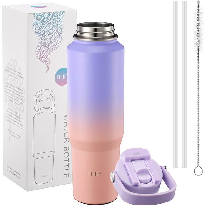 THILY Термопляшка з нержавіючої сталі 40 oz з кришкою та трубочкою, двостінна, для спорту, широка горловина, зберігає холод/гаряче, Lavendel Traum F40