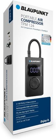 Портативний акумуляторний компресор Blaupunkt TPM 124 для накачування шин авто, велосипедів, мотоциклів і м'ячів, з функціями павербанку та ліхтарика, чорний