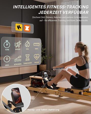 Гребний тренажер Aeriflo W100 з водою та бамбуком, складаний, з Bluetooth, дисплеєм та додатком, тихий, компактний, преміум-якість для дому
