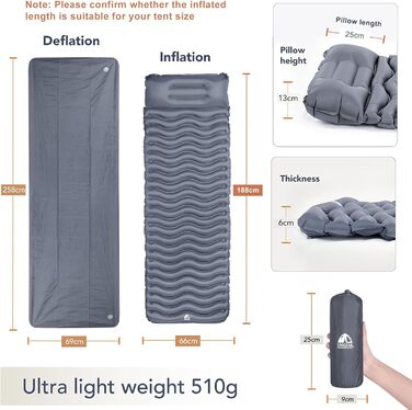 Unigear Килимок для кемпінгу 500г, ультралегкий, надувний, для відпочинку на природі, туризму, пляжу. Зручний, вологостійкий, неслизький, армійного кольору з подушкою.