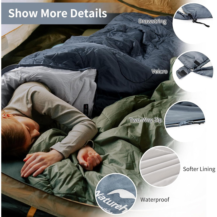 Спальний мішок Naturehike з капюшоном для кемпінгу, легкий та зручний, ідеальний для відпочинку на природі та подорожей, колір блакитний (7~11°C)