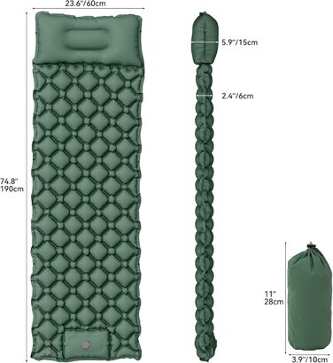 Килимок для кемпінгу YITAHOME самонадувний, ультралегкий, з вбудованим насосом та подушкою. Килимок для відпочинку на природі, подорожей та кемпінгу (зелений)