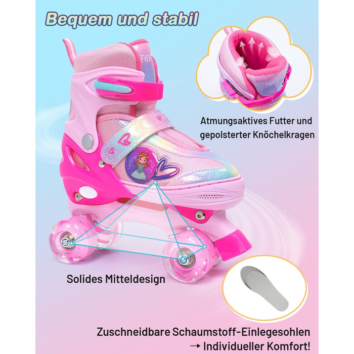 Дитячі ролики FWFX з регулюванням та підсвіткою, підходять для залу та вулиці, розмір S (EU 28-31 / MM 160-200), рожеві