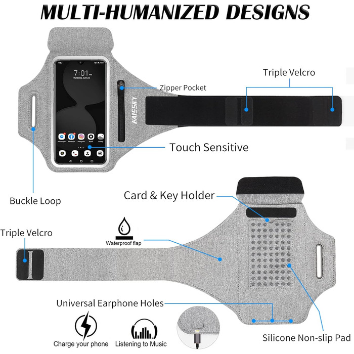Спортивний браслет для телефону Haissky з кишенькою для навушників (6.9 дюйми) - сірий
