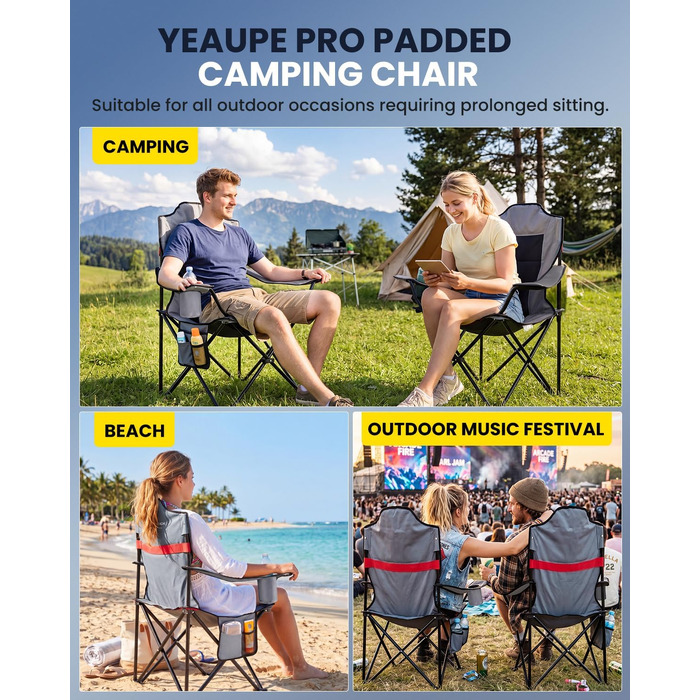 Розкладний кемпінговий стілець YEAUPE PRO XL — комфортний стілець для кемпінгу та риболовлі з високою спинкою, підтримує до 150 кг