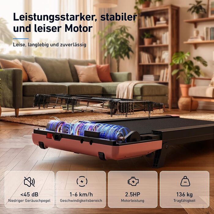Дорожній тренажер DeerRun Walking Pad з нахилом 6%, компактна бігова доріжка під стіл для дому та офісу, з LED-дисплеєм, пультом та підтримкою App, до 136 кг, Рожевий