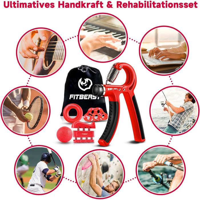 FitBeast Тренажер для рук та пальців 5 в 1: набір для силових тренувань, підтримка зап'ястя, зняття стресу (червоний)