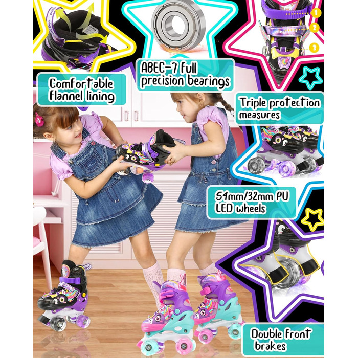 Дитячі ролики Єдиноріг для дівчаток та хлопчиків, регульовані розміри, світлові колеса, ролики-квади для початківців, чорні