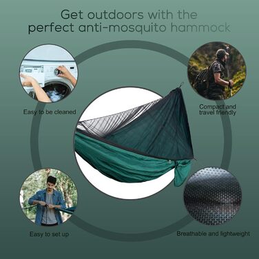 Гамак Sendowtek Outdoor з москітною сіткою, 290 x 140 см, нейлон парашутного типу, вантажопідйомність 300 кг, ультралегкий гамак для подорожей, кемпінгу, балкону, патіо, саду (армійний зелений)