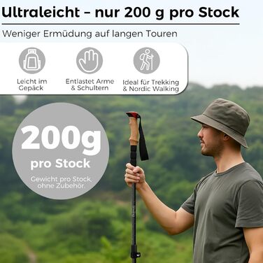 Комплект карбонових палиць для скандинавської ходьби та трекінгу (2 шт), ультралегкі, регульовані 62–135 см, з корковими ручками, для чоловіків та жінок