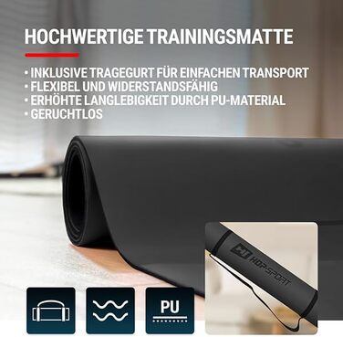 Йога-мат Hop-Sport, нековзкий і довговічний, каучуковий, 183x68 см, товщина 0,5 см, для пілатесу і гімнастики, з ременем для перенесення, чорний