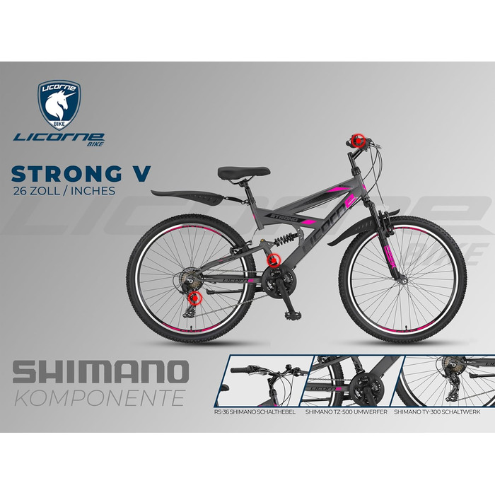 Гірський велосипед Licorne Bike Premium Strong V 24/26 дюймів для хлопців, дівчат, жінок і чоловіків, 21 швидкість, повна амортизація, антрацит/рожевий, 24 дюйми