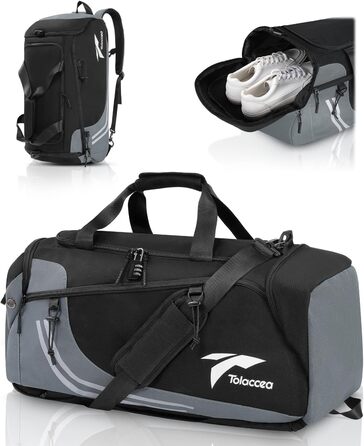 Спортивна сумка-рюкзак Tolaccea 45L з відділенням для взуття та вологих речей, сіра, для тренажерного залу, сауни, футболу, плавання, чоловіча та жіноча