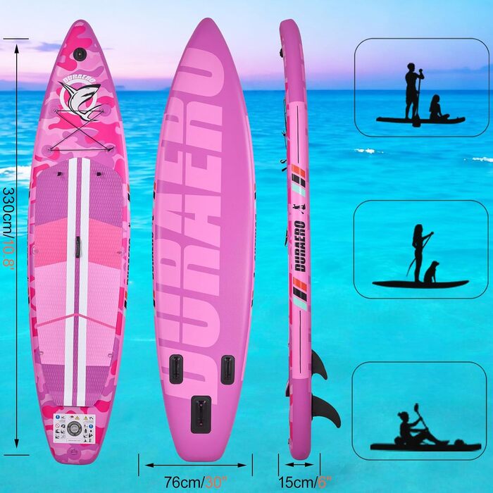Надувний SUP Борд Stand Up Paddle Board Set, 330x76x15см, з кріслом для каяка, тримачем для камери, інтегрованим кік-педом, регульованим веслом, 3 фінами, повним аксесуаром, до 150кг, рожевий