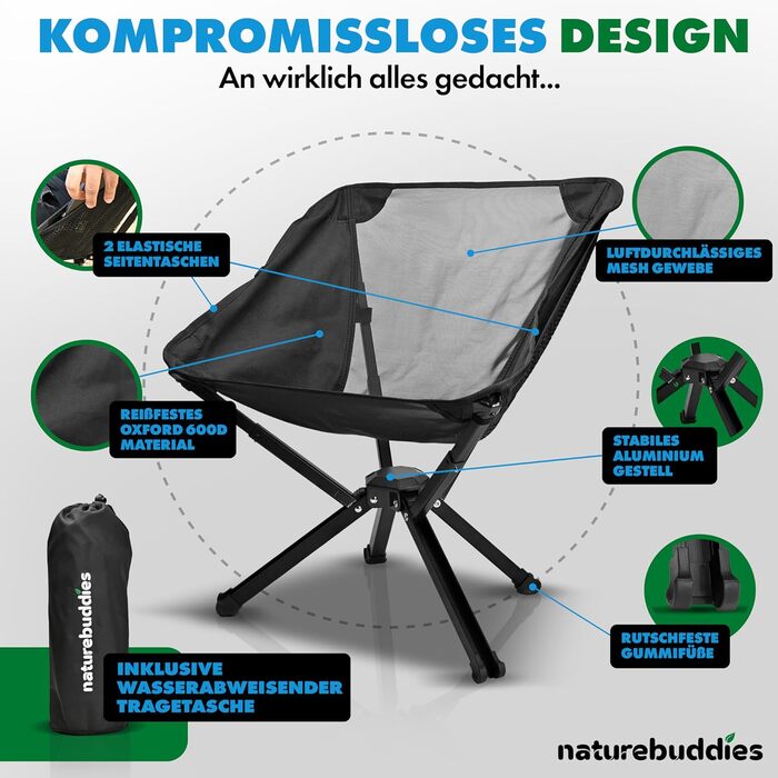 Крісло для кемпінгу Nature Buddies® Faltbar: Легке, компактне, розкладне, до 150 кг | Стільці для риболовлі, відпочинку на природі, фестивалів, туризму | Чорний