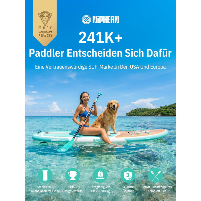 Надувне SUP-борд Niphean Stand Up Paddle Board з сидінням та аксесуарами, 320 см, для 2 осіб, 200 кг, StabilTrac-фін, Cool Mint Wood
