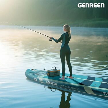Надувне SUP-борд GENREEN (Extra Groß) для всіх рівнів підготовки, 335x86 см, для дорослих, з аксесуарами, з тримачем для камери, 3 фіни, вантажопідйомність до 200 кг (Monstera blue)