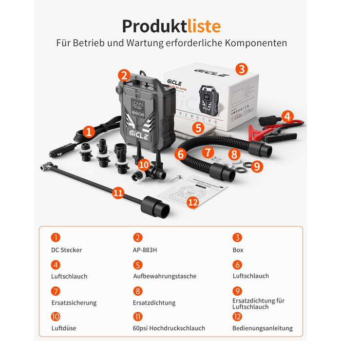 Насос для SUP GICLE 60PSI: електричний, двоступеневий, для падлбордів, шин, човнів, наметів (модель з покращеннями)