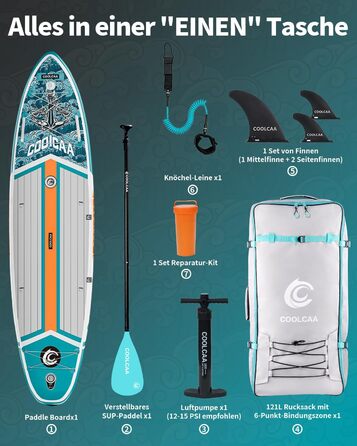 SUP дошка COOLCAA 355 см надувна, широка 86 см, для риболовлі, з аксесуарами та сумкою, вантажопідйомність 222 кг