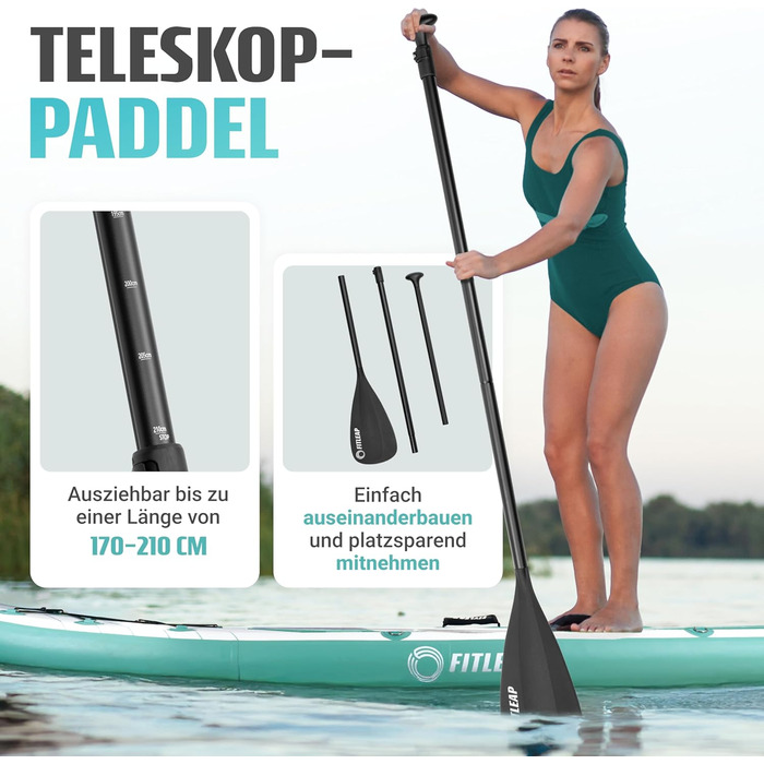 Надувний SUP Борд Fitleap Premium Stand Up Paddle Board - Комплект з насосом, веслом та рюкзаком. Ідеально для початківців та професіоналів, для йоги, серфінгу та водного спорту. (Зелений в смужку, 1 особа)