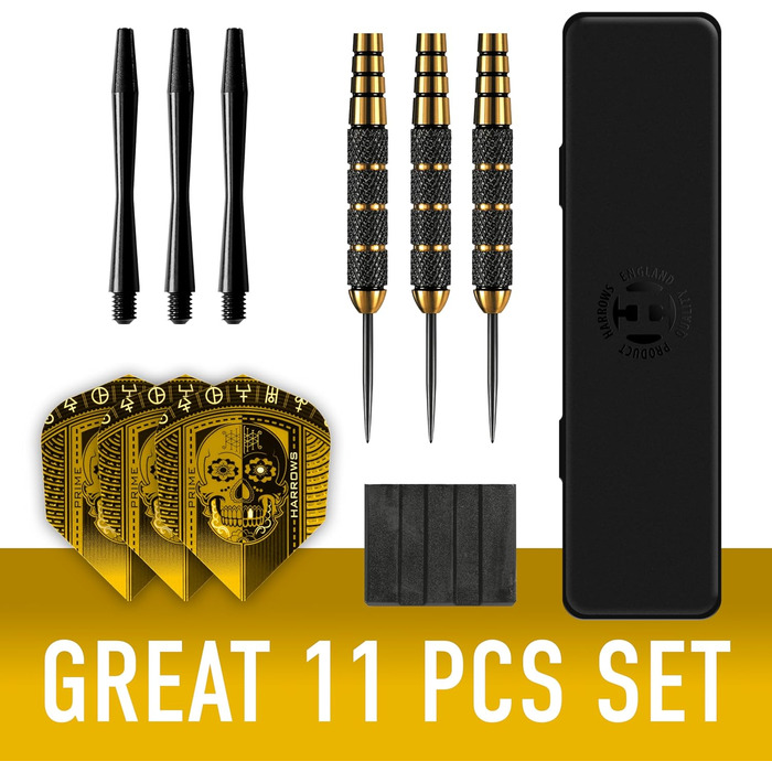 Дарти Harrows Voodoo 25 г з латунною сталевою голкою, з шафтами Speedline, польотами Marathon Gold та кейсом для подорожей