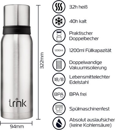 Термос trnk Outdoor Arktis 2, нержавіюча сталь, 1200 мл, BPA-free, 32 год гарячий, кришка з 2 чашками, для походів, можна мити в посудомийці