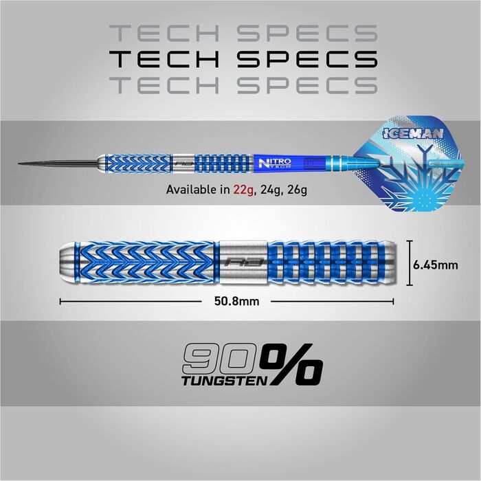 Дротики Red Dragon Gerwyn Price Iceman Glacier 90% вольфрам, професійний набір з оперенням і хвостовиками, 18г/22г/24г/26г