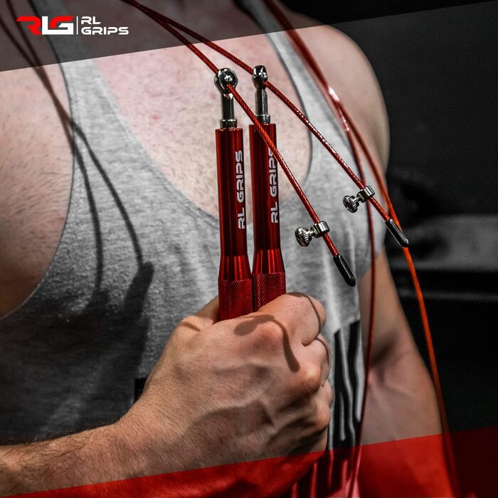 RL Grips® Скакалка для кросфіту з алюмінієвою ручкою - Скакалка з тросом 2 мм - Для кардіотренувань, фітнесу та занять у залі (Червона (Скакалка + запасні частини))