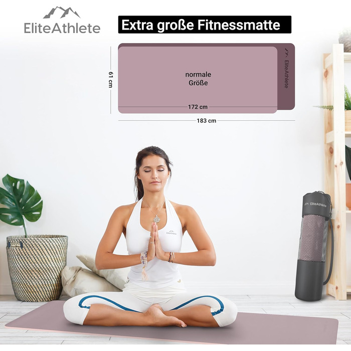 Йога-мат EliteAthlete 183×61×0,6 см, спортивний килимок для фітнесу, пілатесу, нековзкий, з ременем і чохлом