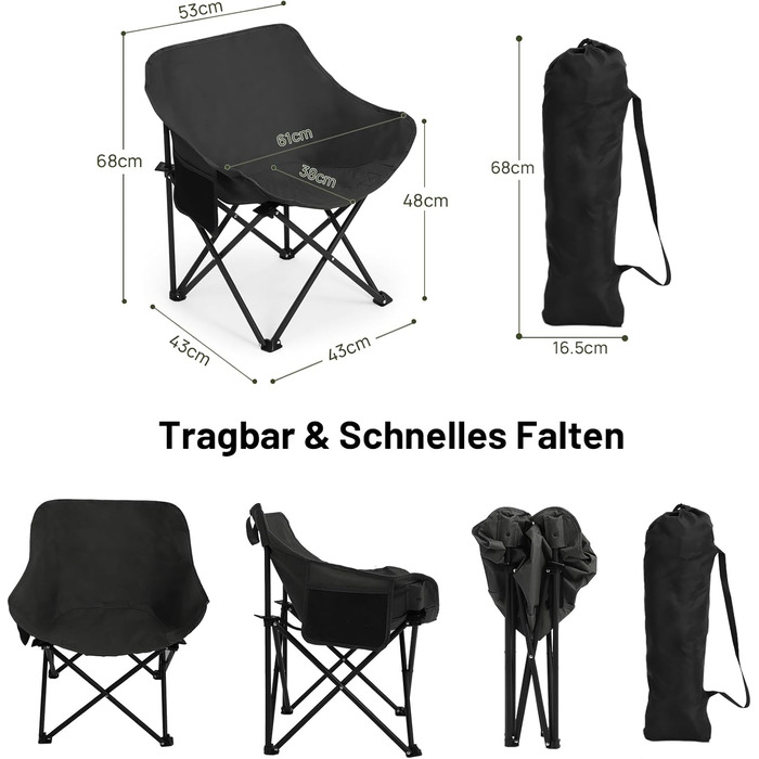 Крісло для кемпінгу Hausprofi складне, 150 кг, чорне. Зручне, з сумкою для перенесення, для пікніків, відпочинку на природі та риболовлі