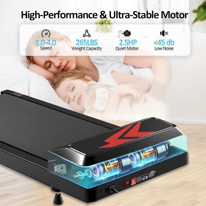 Біговий доріжка Romon для дому, Walking Pad з нахилом, компактний, подвійна амортизація до 120 кг, 2-6 км/год з LED-дисплеєм та Bluetooth APP, портативний, без монтажу, фітнес-обладнання для дому та офісу