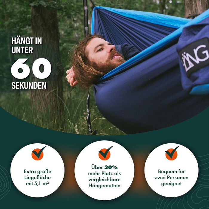 Гамак HÄNG XXL 300x170 см для 2 осіб - вуличний, водостійкий, ультралегкий (850г), вантажопідйомність 200 кг - з парашутної тканини для кемпінгу, подорожей та саду + комплект кріплень (Navy & Blue)
