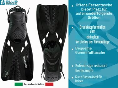Ласти CRESSI Tonga + Маска Baron для снорклінгу та плавання (S/M, 36/41, Чорно-сині) - Легкі регульовані ласти для дорослих з широким оглядом