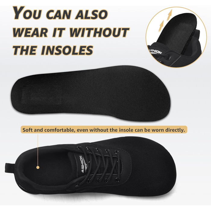 ASHION Унісекс босі кросівки для жінок та чоловіків. Широкі кросівки для ходьби, трейлраннінгу та бігу по вулицях. Розмір 39 EU, широка колодка, чорний/коричневий колір.